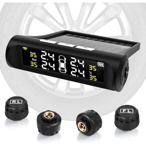 Tire Pressure Monitoring System, TPMS for RV and Trailer, Solar Powered TPMS with LCD Display, 4 Sensors, Real-Time Pressure and Temperature Monitoring, Easy to Use (0~87 PSI)