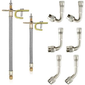 8 Pieces Tire Valve Extension, 2 Pieces Dual Tire Valve Extension Valve Stem Installation Tool with 6Pcs 45 90 135 Degree Brass Valve Stem Extender Tire for RV Bike Motorcycle Car (7.1 in, 11.8 in)