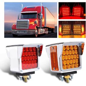 2x Square Double Face Fender Turn Signal Lights 52 LEDs Single Stud Led Stop Marker Running Lights Pedestal Reflective Lamps Compatible with Kenworth/Peterbilt/Freightliner IP67 Amber/Red Lens