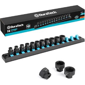 DURATECH 3/8" Drive Stubby Impact Socket Set, 14-Piece, Metric, 6-19mm, Cr-Mo Steel, Organized in Magnetic Storage Rail