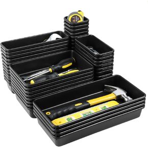 Upgraded 60PCS Tool Box Organizer Tray Divider,5 Sizes Desk Drawer Organizers Garage Tool Organizer and Storage, Black Plastic Tray Organizer Bins for Home Office Supplies and Tools