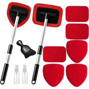 11pcs Windshield Cleaner Tool, Car Window Cleaning Wash Kit with 6 Reusable Microfiber Pads 2 Spray Bottles and Extendable Handles Auto Glass Wiper Kit, Green