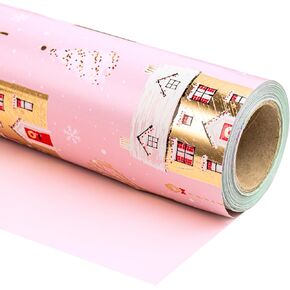 WRAPAHOLIC Reversible Christmas Wrapping Paper - Mini Roll - 17 Inch X 33 Feet - Red and Pink Dancing Santa Claus Reindeer and Colorful Polka Dots Design for Holiday, Party, Celebration