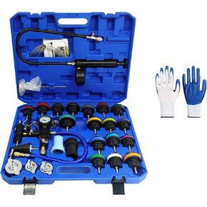 Radiator Pressure Leak Tester Kit, Automotive Coolant Pressure Tester Kit Cooling System Tester Coolant Pump Radiator Pressure Gauge for Motorcycle Car Truck, 28-Piece Universal Fit, Blue