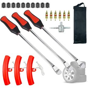 14.5'' Tire Spoons for Motorcycle Dirt Bike Lawn Tractor Bicycle,24pc Tire Changing Tool Set with 3 Tire Spoons,3 Rim Protectors,6 Valve Cores,10 Valve caps, 1 Portable Bag and 4-Way Valve Tool
