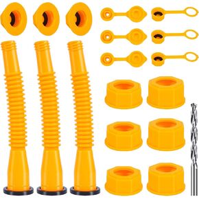 Gas Can Spout Replacement 3 Kits, 1/2/5/10 Gallon Gas Can Nozzle Replacement, Leak Proof Gas Can Spouts Set with Flexible Nozzles, Screw Collar Caps, Spout Cover, Base Cap, Drill Bit