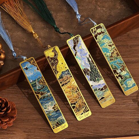 4 Pieces Metal Bookmarks with Tassel, Golden Hollow Bookmark Monet Van Gogh Oil Painting Theme Book Mark Bookmarks for Book Lovers Writers Readers Children Teens for Women Adults in Kuwait