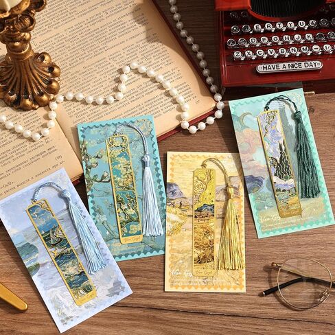 4 Pieces Metal Bookmarks with Tassel, Golden Hollow Bookmark Monet Van Gogh Oil Painting Theme Book Mark Bookmarks for Book Lovers Writers Readers Children Teens for Women Adults in Kuwait