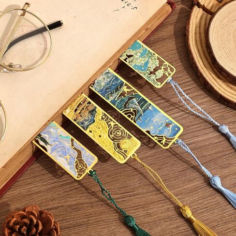 4 Pieces Metal Bookmarks with Tassel, Golden Hollow Bookmark Monet Van Gogh Oil Painting Theme Book Mark Bookmarks for Book Lovers Writers Readers Children Teens for Women Adults in Kuwait