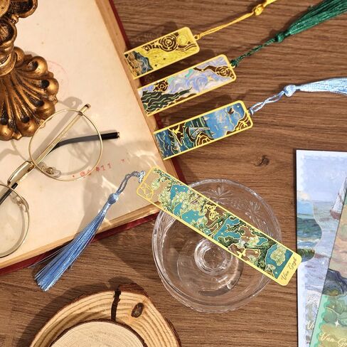 4 Pieces Metal Bookmarks with Tassel, Golden Hollow Bookmark Monet Van Gogh Oil Painting Theme Book Mark Bookmarks for Book Lovers Writers Readers Children Teens for Women Adults in Kuwait