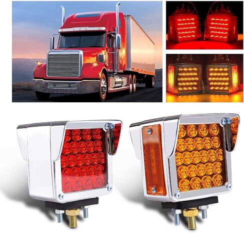 2x Square Double Face Fender Turn Signal Lights 52 LEDs Single Stud Led Stop Marker Running Lights Pedestal Reflective Lamps Compatible with Kenworth/Peterbilt/Freightliner IP67 Amber/Red Lens in Saudi Arabia