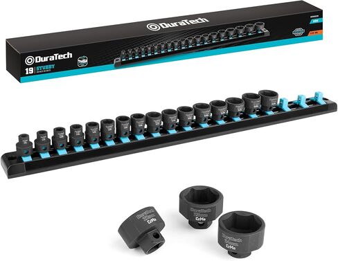DURATECH 3/8" Drive Stubby Impact Socket Set, 14-Piece, Metric, 6-19mm, Cr-Mo Steel, Organized in Magnetic Storage Rail in Kuwait