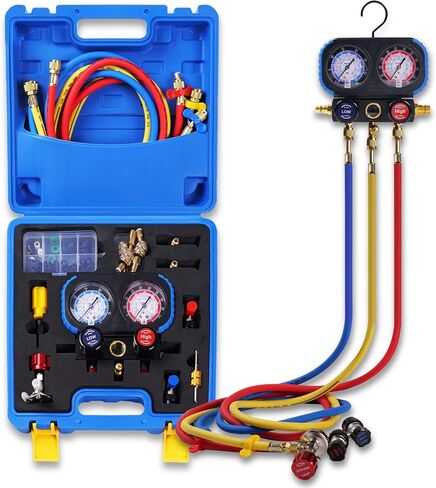 HVAC Manifold Gauge Set for R22/R410a/R134a Refrigerant, 3 Way AC Refrigerant Gauges Set with R22 R410a Safety Valves, 5FT Hoses, R134a Adapters, Can Tap, Upgrade Red in Saudi Arabia