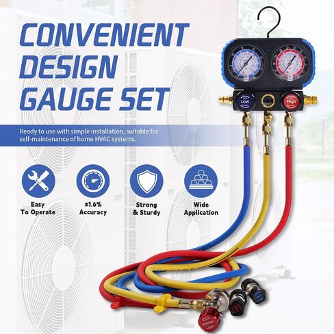 HVAC Manifold Gauge Set for R22/R410a/R134a Refrigerant, 3 Way AC Refrigerant Gauges Set with R22 R410a Safety Valves, 5FT Hoses, R134a Adapters, Can Tap, Upgrade Red in Saudi Arabia