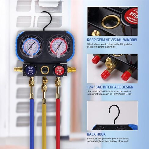 HVAC Manifold Gauge Set for R22/R410a/R134a Refrigerant, 3 Way AC Refrigerant Gauges Set with R22 R410a Safety Valves, 5FT Hoses, R134a Adapters, Can Tap, Upgrade Red in Saudi Arabia