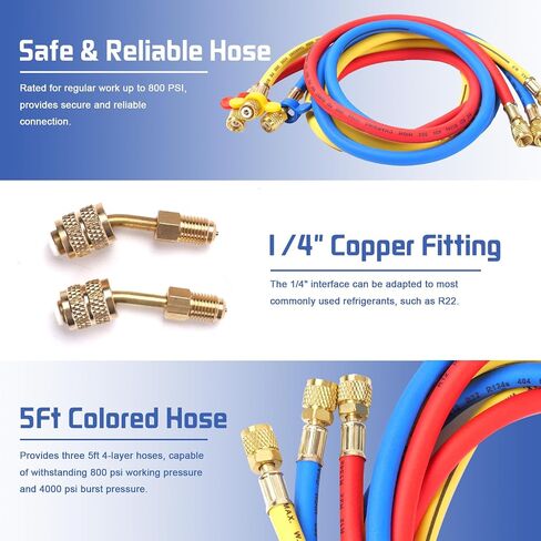 HVAC Manifold Gauge Set for R22/R410a/R134a Refrigerant, 3 Way AC Refrigerant Gauges Set with R22 R410a Safety Valves, 5FT Hoses, R134a Adapters, Can Tap, Upgrade Red in Saudi Arabia