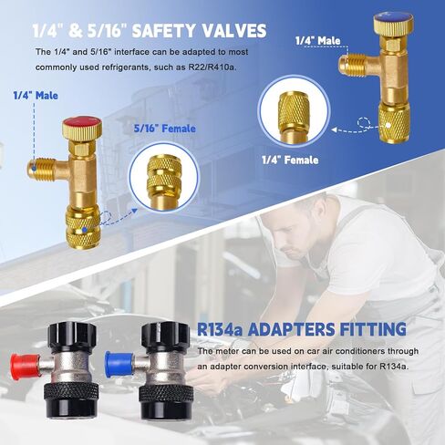HVAC Manifold Gauge Set for R22/R410a/R134a Refrigerant, 3 Way AC Refrigerant Gauges Set with R22 R410a Safety Valves, 5FT Hoses, R134a Adapters, Can Tap, Upgrade Red in Saudi Arabia
