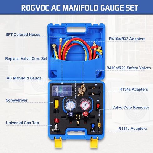 HVAC Manifold Gauge Set for R22/R410a/R134a Refrigerant, 3 Way AC Refrigerant Gauges Set with R22 R410a Safety Valves, 5FT Hoses, R134a Adapters, Can Tap, Upgrade Red in Saudi Arabia