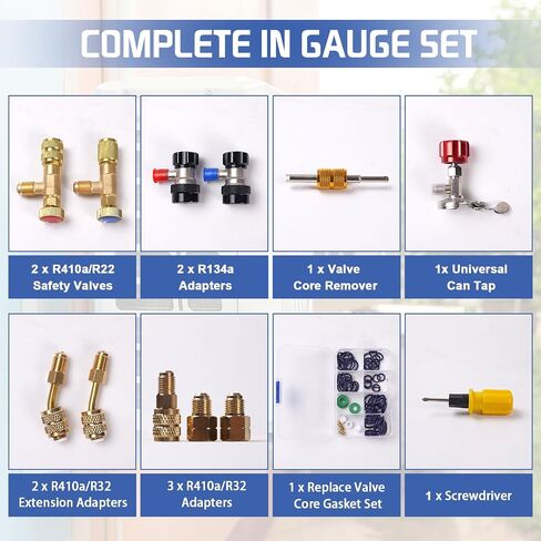 HVAC Manifold Gauge Set for R22/R410a/R134a Refrigerant, 3 Way AC Refrigerant Gauges Set with R22 R410a Safety Valves, 5FT Hoses, R134a Adapters, Can Tap, Upgrade Red in Saudi Arabia