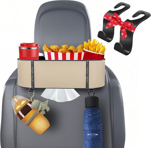 3-in-1 Car Headrest Backseat Organizer Car Seat Back Organizer with Adjustable Cup Holders Fits Less Than 4.2" Large Bottles Drinks (Beige) in Saudi Arabia
