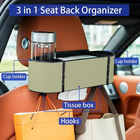3-in-1 Car Headrest Backseat Organizer Car Seat Back Organizer with Adjustable Cup Holders Fits Less Than 4.2" Large Bottles Drinks (Beige) in Saudi Arabia