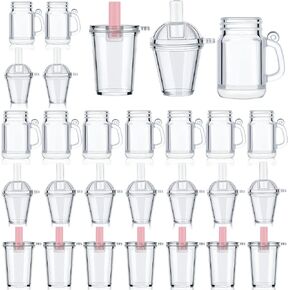 30 Pieces Coffee Cup Dollhouse Mini Cups Keychain Miniature Transparent Cup Pendant Charms with Jewelry Making Ice Cream Lids Dollhouse Mini Cups for Doll Dollhouse Miniature Simulation Crafts DIY
