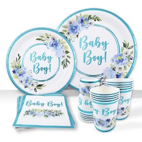 Baby Shower Plates and Napkins, Baby Shower Decorations for Boy | 25 Servings of Paper Plates, Napkins, Dessert Plate, Disposable Cups | With Light Blue Foil, Baby Blue Floral Tableware Party Set