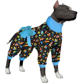 LovinPet Pajamas Dog Onesie - Large Dog Pajamas, Post Surgery Recovery Shirt, Stretchy Fabric, Aim for The Moon Flannel Navy Print, Dog Pj's, Anti Licking, Easy Wear Dog Jammies,Black Blue L