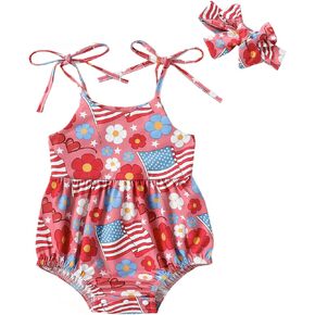 Bonangber 4th of July Baby Girl Outfits Newborn Sleeveless Strap Onesie American Flag Romper Cute Patriotic Clothes Set