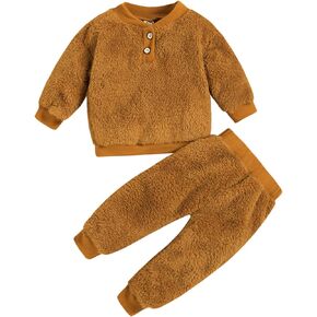 Toddler Baby Boy Girl Fleece Two Piece Clothes Long Sleeve Plush Pullover Sweatshirt+Trousers Set Cute Furry Outfit