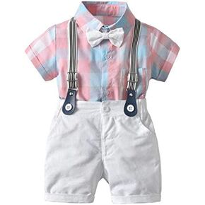 Abolai Baby Boys' Summer Plaid Short Sleeve Suspenders Shorts Outfit Set with White Bowtie