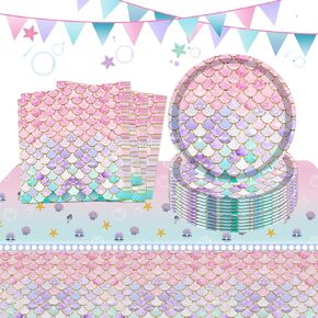 مجموعة أدوات مائدة لحفلات أعياد الميلاد مكونة من 37 قطعة، لوازم حفلات حورية البحر للاستعمال مرة واحدة تتضمن مفرش طاولة واحد و16 طبقًا و20 منديلًا لتزيين طاولات حفلات أعياد الميلاد للفتيات والأطفال in Kuwait