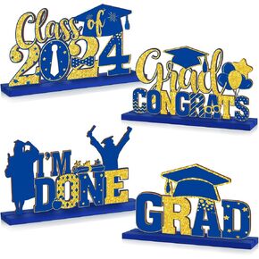 4 Pieces Class of 2024 Graduation Party Decorations Wooden 2024 Graduation Congrats Grad Centerpieces Congratulate Graduation Table Toppers for High School College Graduation Party Favor (Blue Gold) in Saudi Arabia