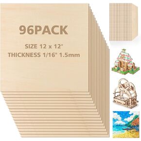 Adrattnay Basswood Sheets 1/16 x 12 x 12 inch - 1.5mm Basswood Sheets Plywood Sheets, 48Pcs Square Unfinished Wood Board for DIY Crafts, Laser Cutting, Wood Burning, Painting, Model Carving