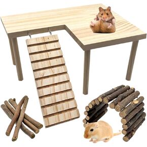 Niwaes Wooden Hamster Platform with Legs, Large Syrian Hamsters Climbing Platforms with Ramp Kit Wood Ladder Bridge Rat Playing Toy Standing Table Gerbil Cage Accessories