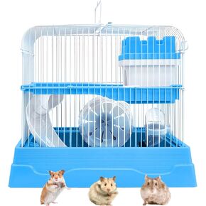 PINVNBY 2-Tier Dwarf Hamster Cage, Hamster Travel Cage Portable Mouse Cage with Running Exercise Wheels, Water Bottle and Food Dish for Hamster Mouse Rat 11.7 * 8.7 * 9.38 in (Blue