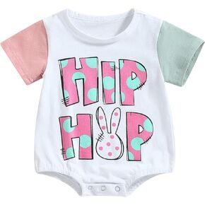 Infant Baby Girl Easter Outfit Bunny Print Onesie Short Sleeve Bubble Romper Jumpsuit My First Easter Outfit