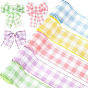 AnyDesign Spring Wired Edge Ribbon 30 Yards Pastel Buffalo Plaids Craft Ribbon Light Blue Yellow Pink Purple Green Decorative Fabric Ribbon for Easter Wreath Bow Making DIY Crafts Wrapping, 5 Roll