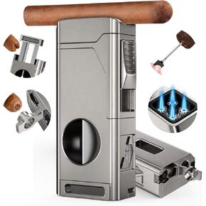 Scotte Cigar Lighter, Torch Lighter 4 Jet Flame, Refillable Butane Lighter with Cigar Cutter V Cut Cigar Punch Cigar Holder Cigar Draw Enhancer, Great Cigar Accessories Cool Lighters with Gift Box