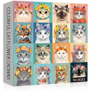 PICKFORU Cat Puzzles for Adults 1000 Pieces, Colorful Kitten Puzzle Cat Flower Crowns, Funny Cat Floral Jigsaw Puzzles Kitty as Cat Lover Gifts
