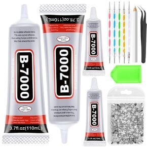 B7000 Rhinestone Glue, 4Pcs B-7000 Jewelry Glue,B7000 Glue Clear with Precision Tip,Super Adhesive Fabric Glue for Jewelry Craft Gem Cell Phone Repair Metal Stone Glass 3.7 fl oz/ 0.5 fl oz