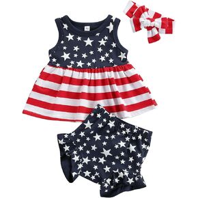 WASAIGOOD Newborn Baby Girls 3Pcs 4th of July Outfits Sleeveless Tank Tops Ruffles Shorts Clothes with Headband