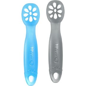 ChooMee FlexiDip Silicone Baby Learning Utensil | 4 Months + Baby Led Weaning | Flat Head Spoon with Firm Handle | Designed in USA, BPA Free, Premium Grade Platinum Silicone | 2 CT Blue Gray