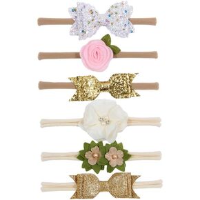 Nishine Baby Girls Nylon Headbands and Bows Toddler Glitter Bowknot Hairbands Newborn Hair Accessories Gift Party Shower (Set A-6pack) in Kuwait