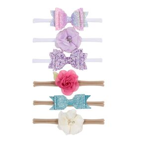 Nishine Baby Girls Nylon Headbands and Bows Toddler Glitter Bowknot Hairbands Newborn Hair Accessories Gift Party Shower (Set A-6pack)