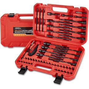 AKM TOOL 55PCS Magnetic Nut Driver Set, 6 Inch Long Nut Driver, Nut Drivers for Impact Drill, SAE & Metric, Long Screwdriver Bit, Cr-V Steel, 1/4" Hex Shank, Nut Setter with T-handle wrench