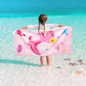 WERNNSAI Cute Dinosaur Beach Towel for Girls- 30" x 60" Bath Towel Pool Towel for Kids Quick Dry Sand Free Super Soft Kids Beach Towels Absorbent Lightweight Camping Towel for Swim Travel Sport