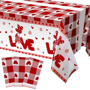 3 Pack Valentine's Day Tablecloth Disposable Thick Valentines Day Table Cover Plastic Rectangular Love Heart Tablecloths Valentines Day Party Supplies Wedding Anniversary Birthday Decor 54" x 108"