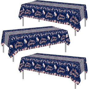 PHOGARY 3 PCS Navy Blue Rose Gold Birthday Tablecloth Decorations, Blue Birthday Party Supplies Blue Silver Birthday Party Tablecloth for Party Decorations Supplies 54X108in