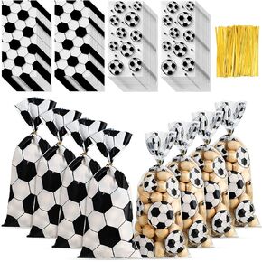 100 Pieces Soccer Ball Treat Bags 2 Designs Soccer Goodie Bags Football Cellophane Bags Party Favor Gift Bag with 100 Pieces Twist Ties for Kids Soccer Themed Birthday Supplies
